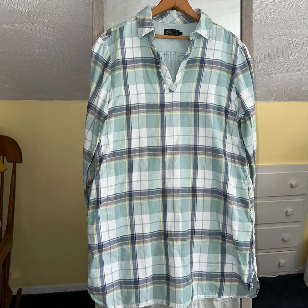 Pendleton Popover Shirt Dress Womens Light Blue Plaid Cotton 3/4 Sleeves L Tunic - Picture 9 of 11